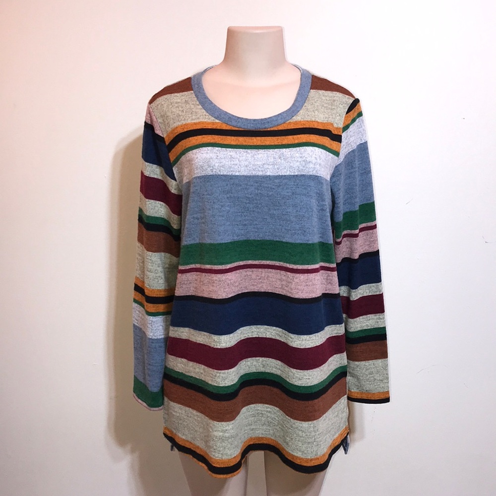 BomBom Soft Striped Hi-Low Tunic Sweater Top L Made in USA Cozy Casual
